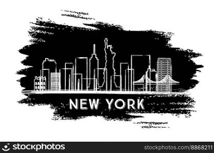 New York Skyline Silhouette. Hand Drawn Sketch. Vector Illustration. Business Travel and Tourism Concept with Modern Architecture. Image for Presentation Banner Placard and Web Site.