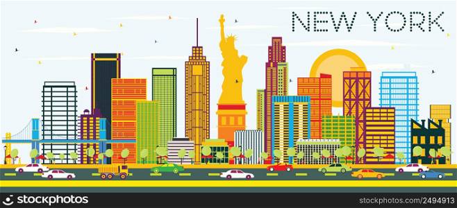 New York Skyline with Color Buildings and Blue Sky. Vector Illustration. Business Travel and Tourism Concept with Modern Architecture. Image for Presentation Banner Placard and Web Site.