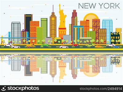 New York Skyline with Color Buildings, Blue Sky and Reflections. Vector Illustration. Business Travel and Tourism Concept with Modern Architecture. Image for Presentation Banner Placard and Web Site.
