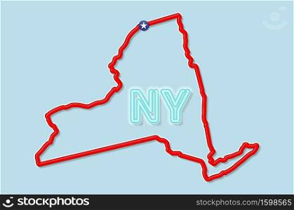 New York US state bold outline map. Glossy red border with soft shadow. Two letter state abbreviation. Vector illustration.. New York US state bold outline map. Vector illustration