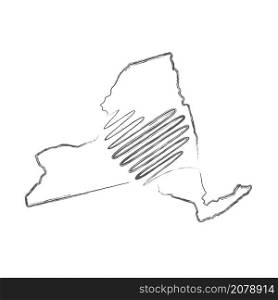 New York US state hand drawn pencil sketch outline map with heart shape. Continuous line drawing of patriotic home sign. A love for a small homeland. T-shirt print idea. Vector illustration.. New York US state hand drawn pencil sketch outline map with the handwritten heart shape. Vector illustration