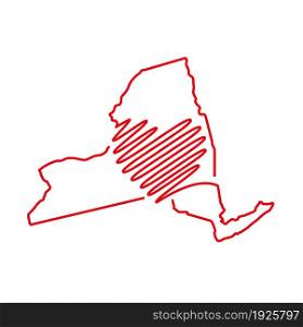 New York US state red outline map with the handwritten heart shape. Continuous line drawing of patriotic home sign. A love for a small homeland. T-shirt print idea. Vector illustration.. New York US state red outline map with the handwritten heart shape. Vector illustration