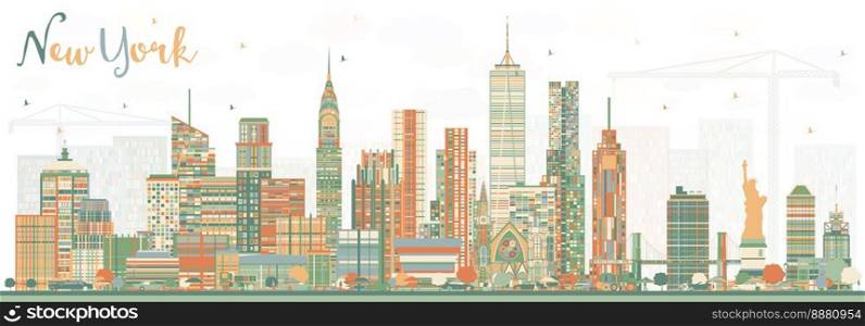 New York USA Skyline with Color Skyscrapers. Vector Illustration. Business Travel and Tourism Concept with Modern Architecture.