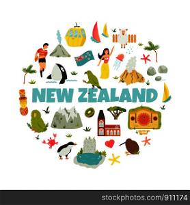 New Zealand abstract design with national symbols, animals, landmarks, elements. New Zealand abstract design with national symbols