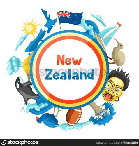 New Zealand background design. Oceanian traditional symbols and attractions.. New Zealand background design.