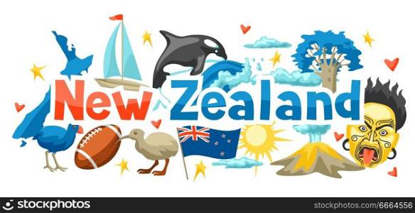 New Zealand background design. Oceanian traditional symbols and attractions.. New Zealand background design.