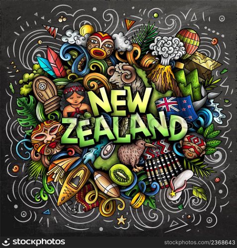 New Zealand chalkboard cartoon doodle illustration. Funny design. Creative vector background. Handwritten text with Oceania Country elements and objects. Colorful composition. New Zealand hand drawn cartoon doodle illustration. Funny local design.