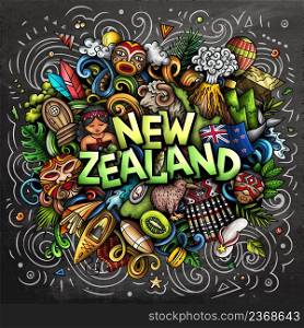 New Zealand chalkboard cartoon doodle illustration. Funny design. Creative vector background. Handwritten text with Oceania Country elements and objects. Colorful composition. New Zealand hand drawn cartoon doodle illustration. Funny local design.