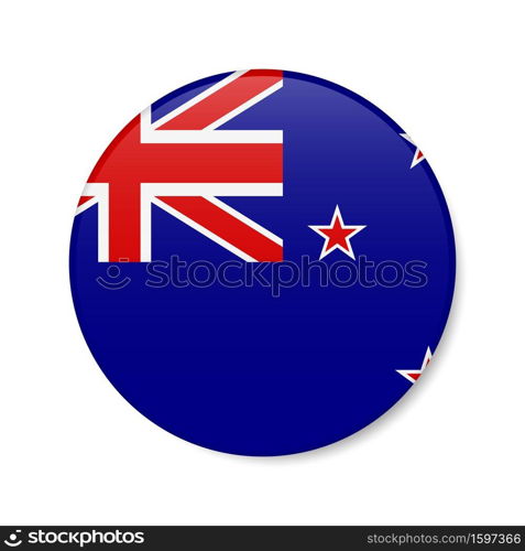 New Zealand circle button icon. Kiwi round badge flag with shadow. 3D realistic vector illustration isolated on white.. New Zealand circle button icon. Kiwi round badge flag. 3D realistic isolated vector illustration