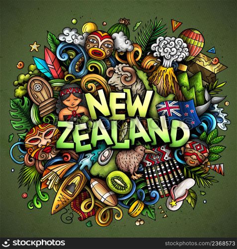 New Zealand hand drawn cartoon doodle illustration. Funny design. Creative vector background. Handwritten text with Oceania Country elements and objects. Colorful composition. New Zealand hand drawn cartoon doodle illustration. Funny local design.