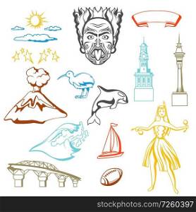 New Zealand icons set. Oceanian traditional symbols and attractions.. New Zealand icons set.