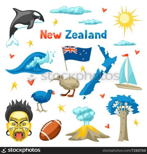 New Zealand icons set. Oceanian traditional symbols and attractions.. New Zealand icons set.