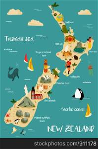 New Zealand illustrated map with famous landmarks, animals, symbols. For prints, tourist posters, travel guides, festivals. New Zealand illustrated map with bright icons