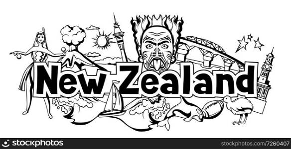 New Zealand print design. Oceanian traditional symbols and attractions.. New Zealand print design.