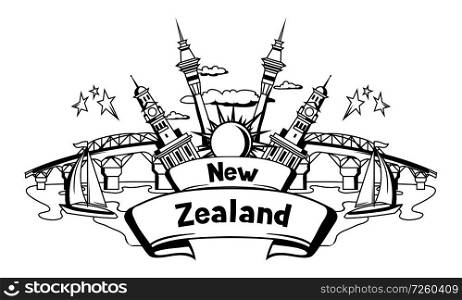 New Zealand print design. Oceanian traditional symbols and attractions.. New Zealand print design.