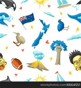 New Zealand seamless pattern. Oceanian traditional symbols and attractions.. New Zealand seamless pattern.