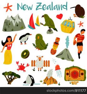 New Zealand set of symbols elements, landmarks animals. New Zealand set of symbols, landmarks, animals