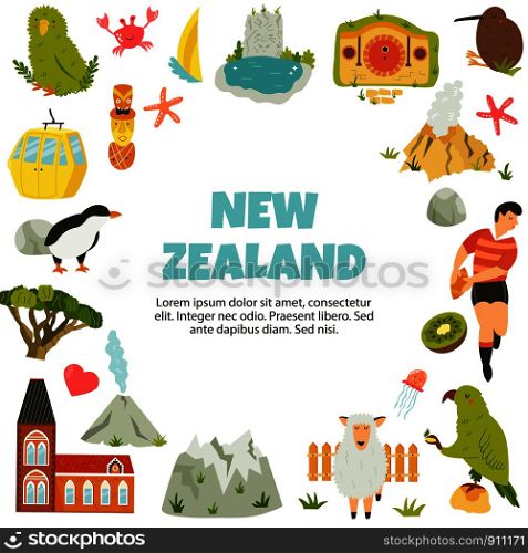 New Zealand vector poster with symbols and landmarks. Suitable for travel prospects, posters, tour guides, marketing prints. New Zealand vector poster with symbols, landmarks