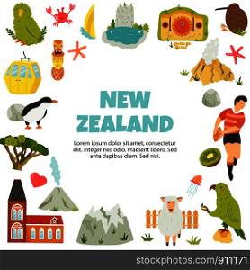 New Zealand vector poster with symbols and landmarks. Suitable for travel prospects, posters, tour guides, marketing prints. New Zealand vector poster with symbols, landmarks