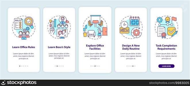 Newbie adaptation tips onboarding mobile app page screen with concepts. Entering workplace. Responsibilities walkthrough 5 steps graphic instructions. UI vector template with RGB color illustrations. Newbie adaptation tips