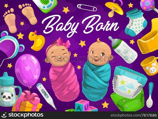 Newborn baby boy and girl vector card of baby shower. New born kids with child care accessories, bottles, diapers, rattle and pacifier, spoon, pin, gift box, socks and hat, blocks, monitor and potty. Newborn baby boy and girl with accessories