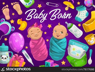 Newborn baby boy and girl vector card of baby shower. New born kids with child care accessories, bottles, diapers, rattle and pacifier, spoon, pin, gift box, socks and hat, blocks, monitor and potty. Newborn baby boy and girl with accessories