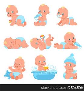 Newborn baby boy. Cute little child in diaper. Different emotions and everyday actions. Infant eating or bathing. Kid sleeping and playing with toys. Infancy age. Vector isolated funny toddlers set. Newborn baby boy. Little child in diaper. Different emotions and everyday actions. Infant eating or bathing. Kid sleeping and playing with toys. Infancy age. Vector funny toddlers set
