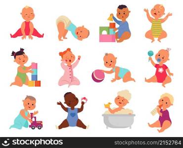 Newborn baby characters. Cute toddler, babies isolated with toys. Cartoon smile infants, happy active boy girl in diaper decent vector set. Illustration kid and infant, boy girl newborn with toys. Newborn baby characters. Cute toddler, babies isolated with toys. Cartoon smile infants, happy active little boy girl in diaper decent vector set
