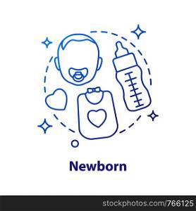Newborn baby concept icon. Childcare equipment idea thin line illustration. Pacifier, bib, feeding bottle. Vector isolated outline drawing. Newborn baby concept icon