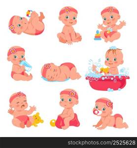 Newborn baby girl. Happy kid in pink headband and diaper. Daily toddler care. Little funny child in bathroom. Infancy age. Different emotions. Daughter playing or sleeping. Vector infants actions set. Newborn baby girl. Happy kid in pink headband and diaper. Daily toddler care. Little child in bathroom. Infancy age. Different emotions. Daughter playing or sleeping. Vector infants set