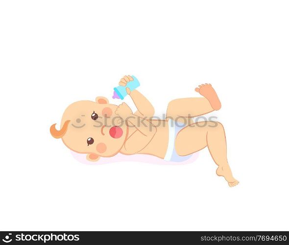 Newborn baby of four or five months lying on back with bottle of milk or water in hands isolated on white. Milestones child in diaper, smiling toddler. Newborn Baby of Four or Five Months Lying on Back