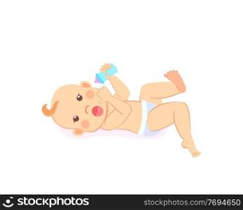 Newborn baby of four or five months lying on back with bottle of milk or water in hands isolated on white. Milestones child in diaper, smiling toddler. Newborn Baby of Four or Five Months Lying on Back