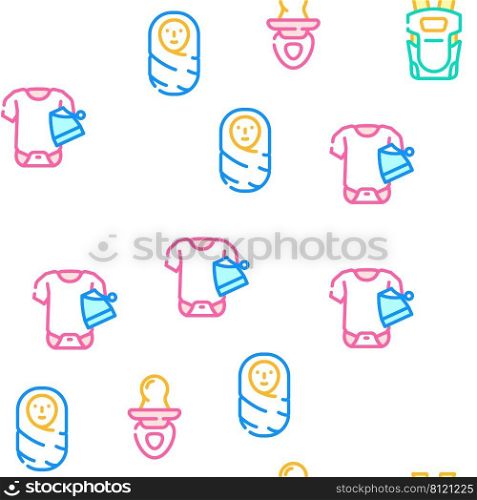 Newborn Baby Sleep Accessories Vector Seamless Pattern Color Line Illustration. Newborn Baby Sleep Accessories Icons Set Vector