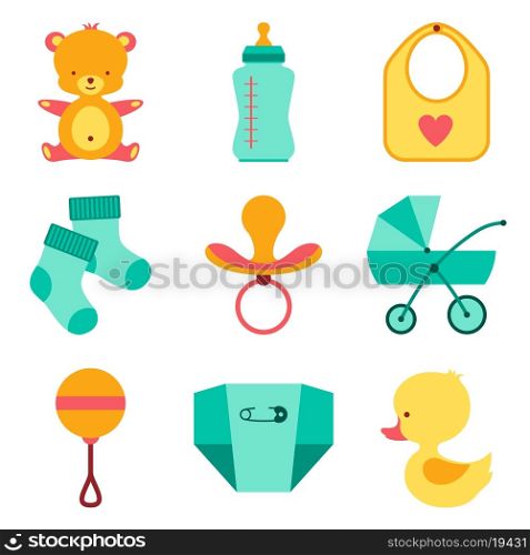 Newborn baby stuff icons set.