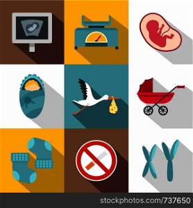 Newborn care icon set. Flat style set of 9 newborn care vector icons for web design. Newborn care icon set, flat style