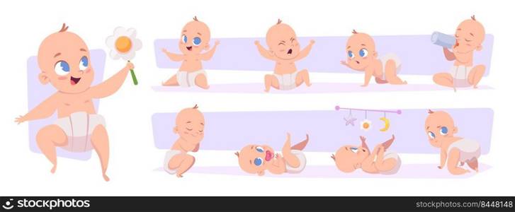Newborn characters. Little funny baby bathing and playing with toys sleep in diaper exact vector toddler kids. Illustration of child little, kid newborn. Newborn characters. Little funny baby bathing and playing with toys sleep in diaper exact vector toddler kids