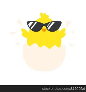 Newborn chick with glasses coming out of eggs isolated on background.