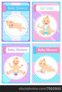 Newborn child vector, funny baby playing with toys made of plastic, flat style. Kid eating meal and smiling, character wearing diaper and bib on neck. Baby Shower Kid Eating Meal from Bowl Sleeping