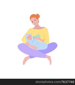 Newborn child vector, isolated woman with kid feeding baby, childcare flat style. Happy motherhood and childhood, people family, loving parent female. Mother Feeding Baby, Woman with Newborn Child
