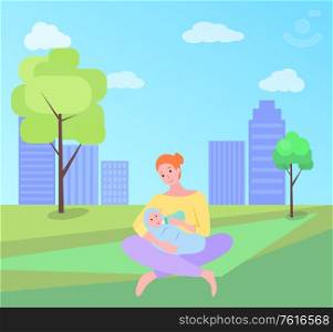 Newborn child vector, woman with kid feeding baby in green city park with buildings. Childcare, happy motherhood and childhood, loving parent female. Newborn Child Vector, Woman with Kid, Baby Feeding