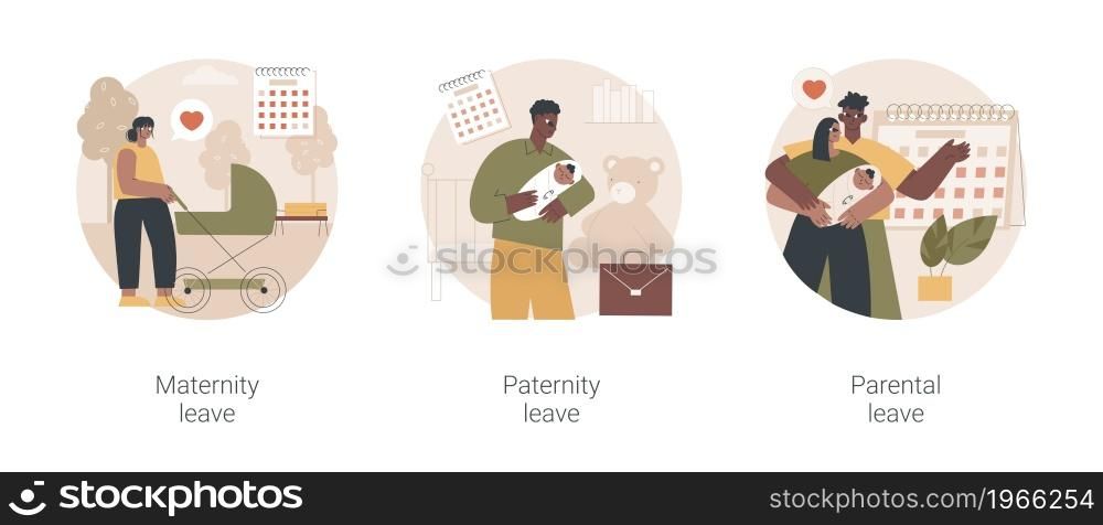 Newborn childcare abstract concept vector illustration set. Maternity and paternity leave, expecting a baby, parental child care, pregnant woman, home office, happy family with kid abstract metaphor.. Newborn childcare abstract concept vector illustrations.
