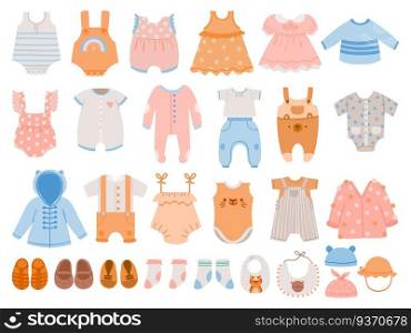 Newborn clothes. Baby apparel for boys and girls, dresses, jumpsuit, body suits, rompers, t-shirts and pants. Cartoon kids wearvector set. Illustration newborn pants and apparel for boy and girl. Newborn clothes. Baby apparel for boys and girls, dresses, jumpsuit, body suits, rompers, t-shirts and pants. Cartoon kids wearvector set