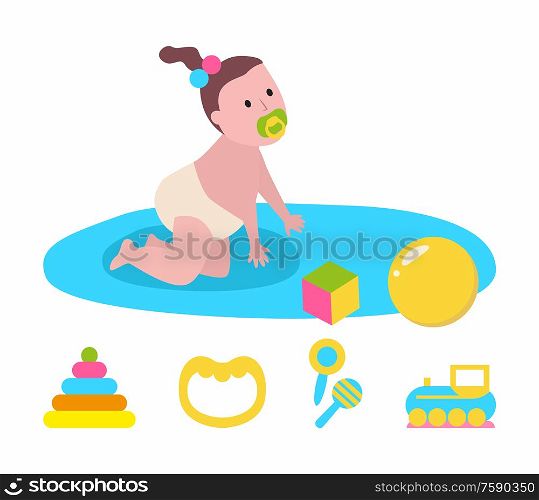 Newborn crawling on mat, daughter joying with toys, cube and ball, colorful beanbag. Side view of baby with nipple and diaper sitting on play rug vector. Baby Sitting on Playmat with Toys, Daughter Vector