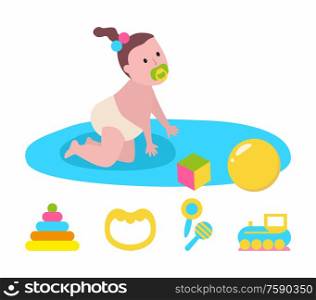 Newborn crawling on mat, daughter joying with toys, cube and ball, colorful beanbag. Side view of baby with nipple and diaper sitting on play rug vector. Baby Sitting on Playmat with Toys, Daughter Vector
