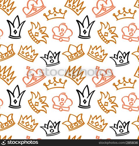 Newborn cute girl vector seamless pattern with doodle crowns. Background with crown doodle illustration. Newborn cute girl vector seamless pattern with doodle crowns