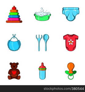 Newborn icons set. Cartoon illustration of 9 newborn vector icons for web. Newborn icons set, cartoon style