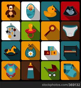 Newborn icons set in flat style. Baby toys, feeding and care set collection vector illustration. Newborn icons set, flat style