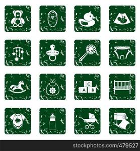 Newborn icons set in grunge style green isolated vector illustration. Newborn icons set grunge