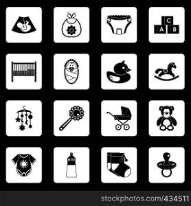 Newborn icons set in white squares on black background simple style vector illustration. Newborn icons set squares vector