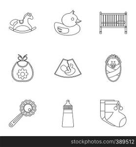 Newborn icons set. Outline illustration of 9 newborn vector icons for web. Newborn icons set, outline style